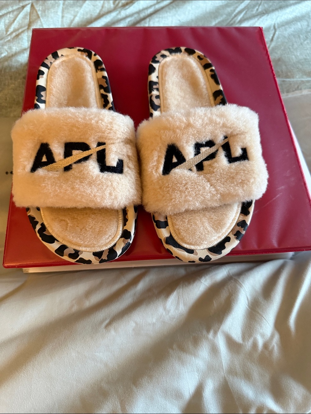 APL Beige Fuzzy Slide Sandals with Black Logo and Leopard Trim